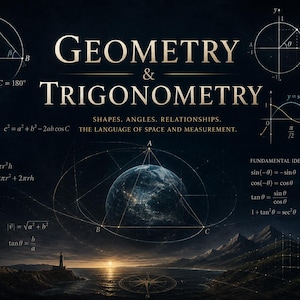 Peut inclure: Une affiche sombre intitulée GEOMETRY & TRIGONOMETRY présentant des formules mathématiques, des formes géométriques, un cercle trigonométrique, des ondes sinusoïdales et une image centrale de la Terre avec des triangles superposés.