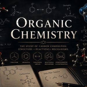 May include: A dark background featuring the text Organic Chemistry and The Study of Carbon Compounds: Structure, Reactions, Mechanisms. Includes chemical diagrams, molecular models, glass beakers, an open notebook with handwritten notes, and a book.