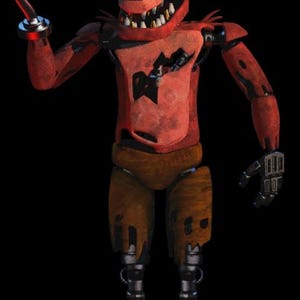 Könnte beinhalten: Ein roter animatronischer Fuchs-Charakter mit einer schwarzen Augenklappe und einem Haken als Hand. Die Figur hat ein bedrohliches Grinsen, sichtbare Zähne und trägt braune Hosen. Die Figur ist eine stilisierte Darstellung, wahrscheinlich aus einem Videospiel oder einer Unterhaltungs-Franchise.