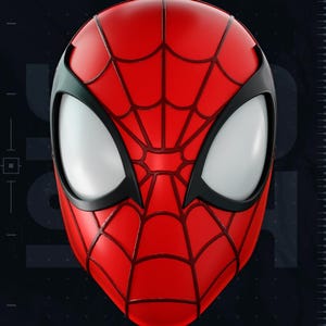 Può includere: Una maschera integrale rossa con un motivo a ragnatela nera sulla superficie. La maschera presenta due grandi lenti oculari bianche a forma di mandorla, delineate da spessi bordi neri. Il design è simmetrico e copre l'intera parte anteriore.