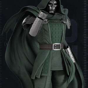 May include: A collectible figure of a character wearing a dark green hooded cloak, a metallic silver mask, and matching silver gauntlets. The figure features a textured green tunic with a dark belt, silver shoulder armor, and a flowing cape.