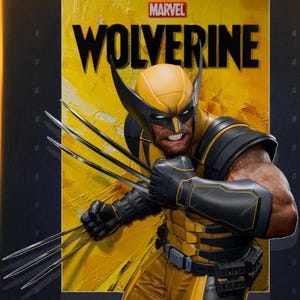 Puede incluir: Una figura coleccionable de Marvel Wolverine que muestra al personaje con un traje amarillo y negro con máscara, dientes descubiertos y garras metálicas extendidas. El fondo es un panel amarillo texturizado con el texto MARVEL WOLVERINE.