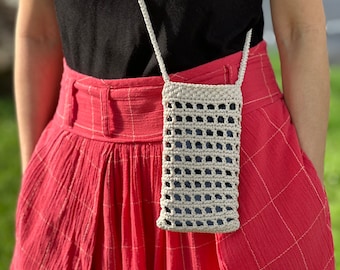 Crochet Phone Bag, Neck Bag, Travel Phone Case, Mini Cell Phone Bag , Straw Bag, Handmade Small Crossbody, Knitted Bag