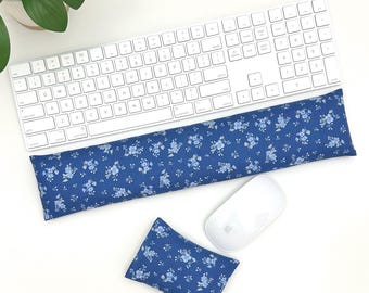 Blue Floral Keyboard Mouse Wrist Rest Gift Set: Rice Lavender Heating Pad