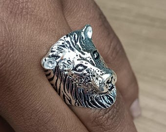 Anillo chapado en plata con cabeza de león, joyería para amantes de los animales, regalo para ella, regalo de cumpleaños