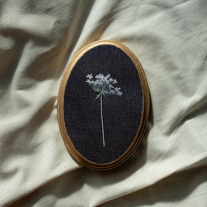 May include: A white flower with a long stem is framed in a gold oval frame against a black background.