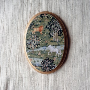 Miniature Oil Painting, Small Painting, Maximalist decor, Tiny Round Painting, William Morris Willow & Oak, Anniversary Wood, Oval Painting image 1