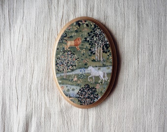 Miniature Oil Painting, Small Painting, Maximalist decor, Tiny Round Painting, William Morris Willow & Oak, Anniversary Wood, Oval Painting