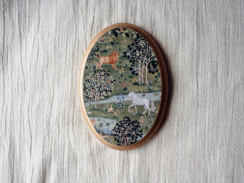 Miniature Oil Painting, Small Painting, Maximalist decor, Tiny Round Painting, William Morris Willow & Oak, Anniversary Wood, Oval Painting image 1