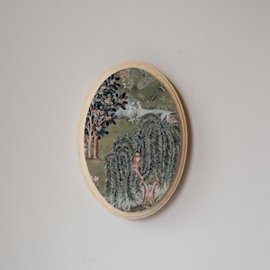 Miniature Oil Painting, Small Painting, Maximalist decor, Tiny Round Painting, William Morris Willow & Oak, Anniversary Wood, Oval Painting image 5