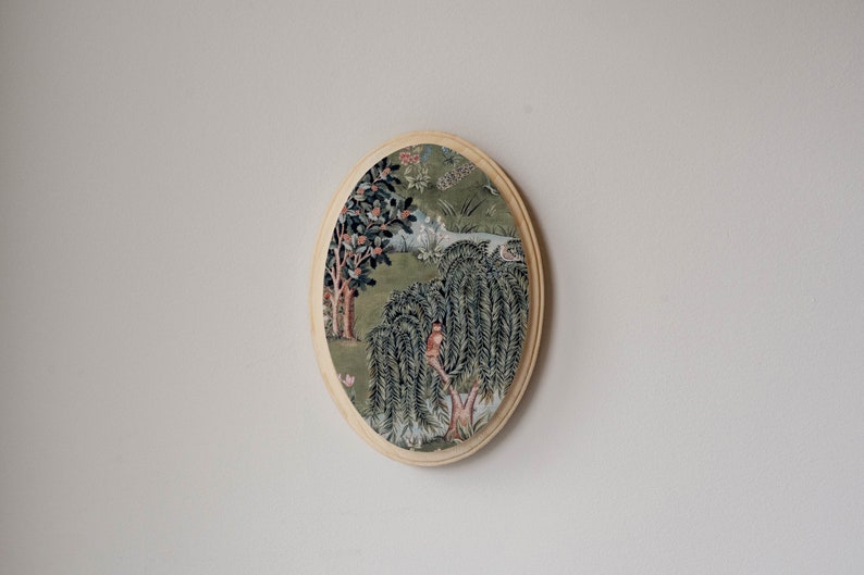 Miniature Oil Painting, Small Painting, Maximalist decor, Tiny Round Painting, William Morris Willow & Oak, Anniversary Wood, Oval Painting image 5