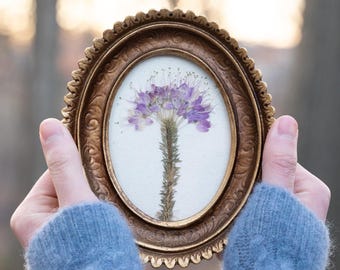 May include: An oval, antique gold-colored frame with a pressed purple flower. The flower is centered on a white background. The frame is held by a person wearing a blue sweater. The frame is approximately 4 inches tall.