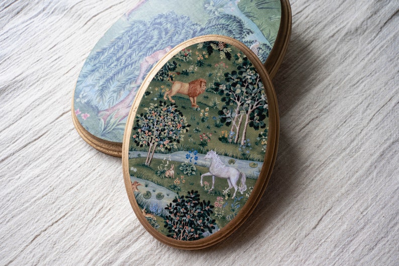 Miniature Oil Painting, Small Painting, Maximalist decor, Tiny Round Painting, William Morris Willow & Oak, Anniversary Wood, Oval Painting image 3