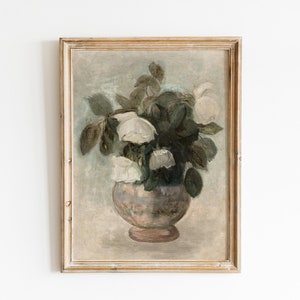 Pintura al óleo de rosas blancas, impresión y barco, ramo de flores en pintura al óleo de jarrón, impresión física Giclée, póster enviado por correo, decoración de granja neutral