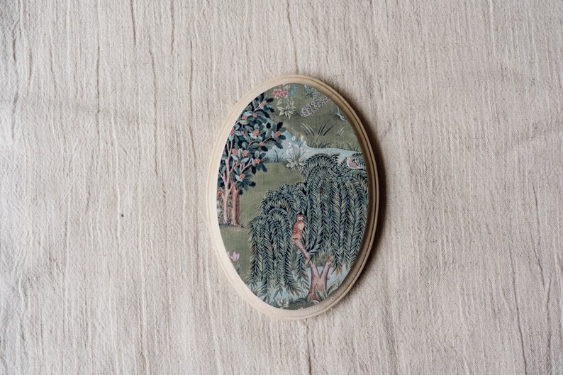 Miniature Oil Painting, Small Painting, Maximalist decor, Tiny Round Painting, William Morris Willow & Oak, Anniversary Wood, Oval Painting image 4