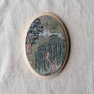 Miniature Oil Painting, Small Painting, Maximalist decor, Tiny Round Painting, William Morris Willow & Oak, Anniversary Wood, Oval Painting image 2