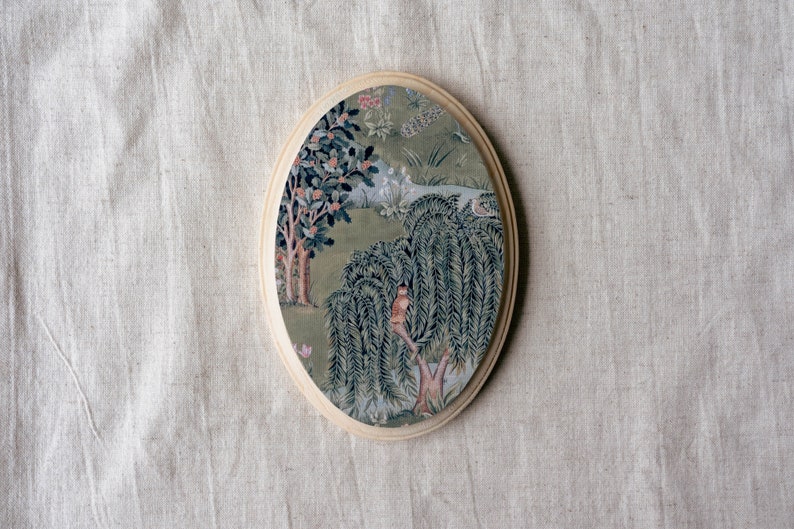 Miniature Oil Painting, Small Painting, Maximalist decor, Tiny Round Painting, William Morris Willow & Oak, Anniversary Wood, Oval Painting image 2