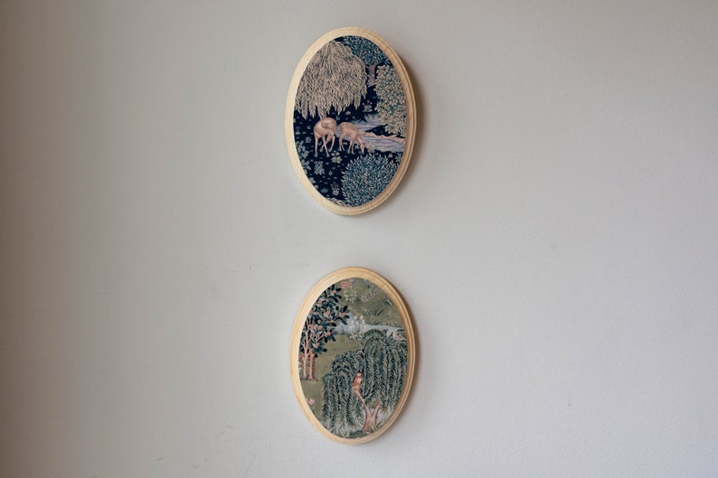 Miniature Oil Painting, Small Painting, Maximalist decor, Tiny Round Painting, William Morris Willow & Oak, Anniversary Wood, Oval Painting image 7