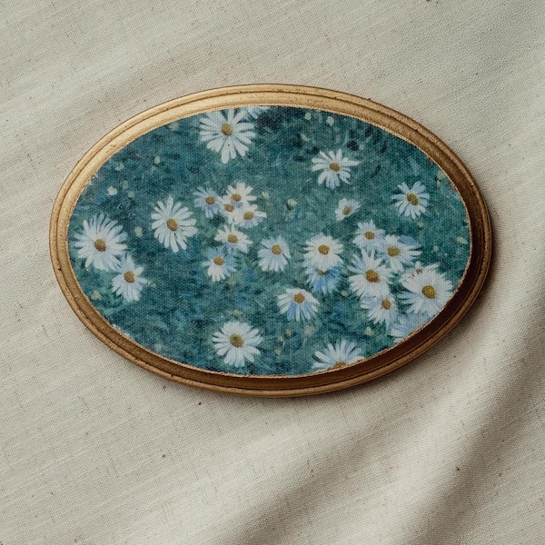 Floral Daisy Landscape Mini Oval Art, Small Floral Painting, Round Painting, Mother's Day, Anniversary Wood, Framed Oval Tiny Painting