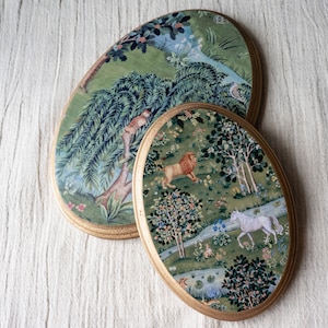 Miniature Oil Painting, Small Painting, Maximalist decor, Tiny Round Painting, William Morris Willow & Oak, Anniversary Wood, Oval Painting image 8