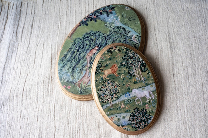 Miniature Oil Painting, Small Painting, Maximalist decor, Tiny Round Painting, William Morris Willow & Oak, Anniversary Wood, Oval Painting image 8