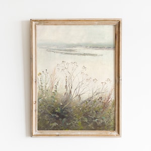Moody Countryside Vintage Painting, Fog Landscape Antique Vertical Wall Art, Cottage Wall Decor, Nature Lakeside Wall Art, physical poster