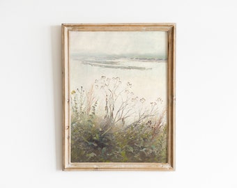 Moody Countryside Vintage Painting, Fog Landscape Antique Vertical Wall Art, Cottage Wall Decor, Nature Lakeside Wall Art, physical poster