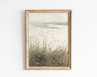 Moody Countryside vintage Painting, Fog Landscape Antique Vertical Wall Art, Cottage Wall Decor, Nature Lakeside Wall Art, affiche physique