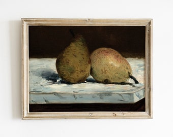 Kitchen Decor Art Print, Moody Pear Still Life Painting, French Country Wall Art, Vintage Fruit Prints, Kitchen Still Life, Physical Poster