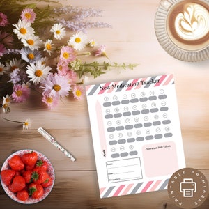 Miesięczny tracker codziennych leków, codzienny tracker z notatkami o nowych lekach, prosty i kolorowy tracker leków – szary i różowy