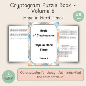 May include: A cryptogram puzzle book titled "Cryptogram Puzzle Book Volume 8: Hope in Hard Times." The cover features a white background with orange and blue plaid borders. The book is an instant download.