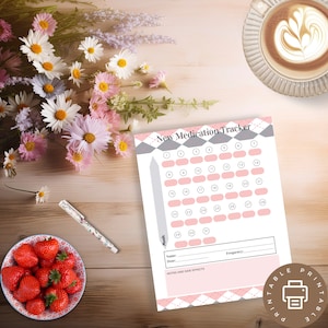 Miesięczny tracker codziennych leków, codzienny tracker z notatkami o nowych lekach, prosty i kolorowy tracker leków – różowy i szary
