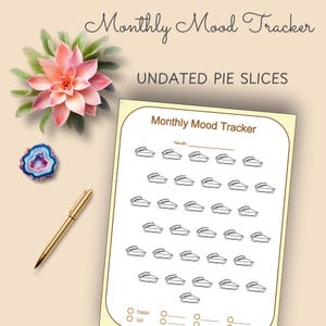 May include: A beige mood tracker with the text "Monthly Mood Tracker" and "Undated Pie Slices." The tracker features pie slice illustrations for mood tracking. A gold pen, a pink and green flower, and a blue and purple geode are also in the image.