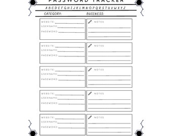 Black and White Hexagon Password Tracker, INSTANT DOWNLOAD, Password Tracker for Categorizes and Business, Alphabetize Passwords-PT101