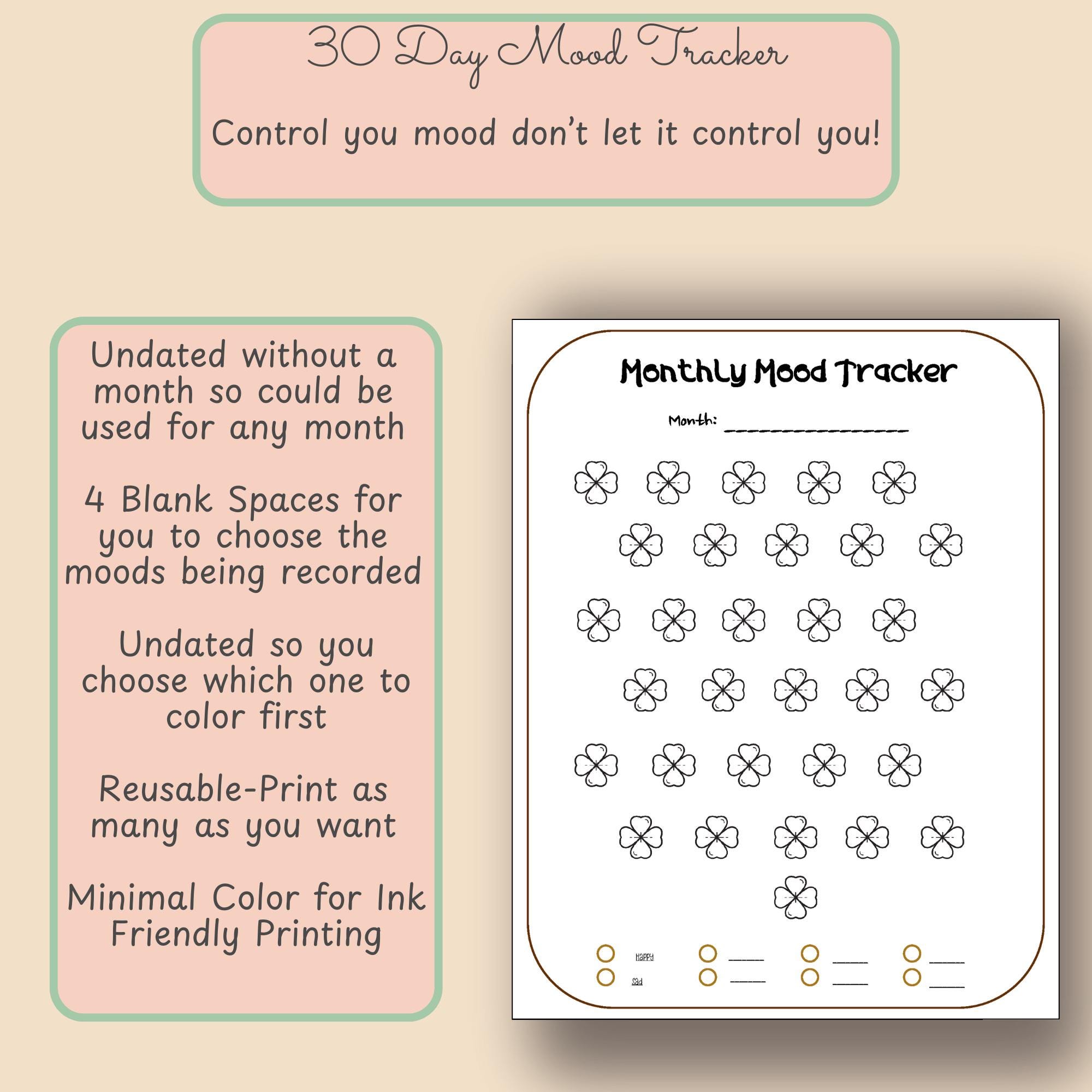 Clover Mood Tracker Printable • 30-day Mental Health Journal (PDF) - Etsy
