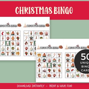 Christmas Bingo Game - 50 Unique Cards for Family Fun - Printable Holiday Activity for Kids and Adults