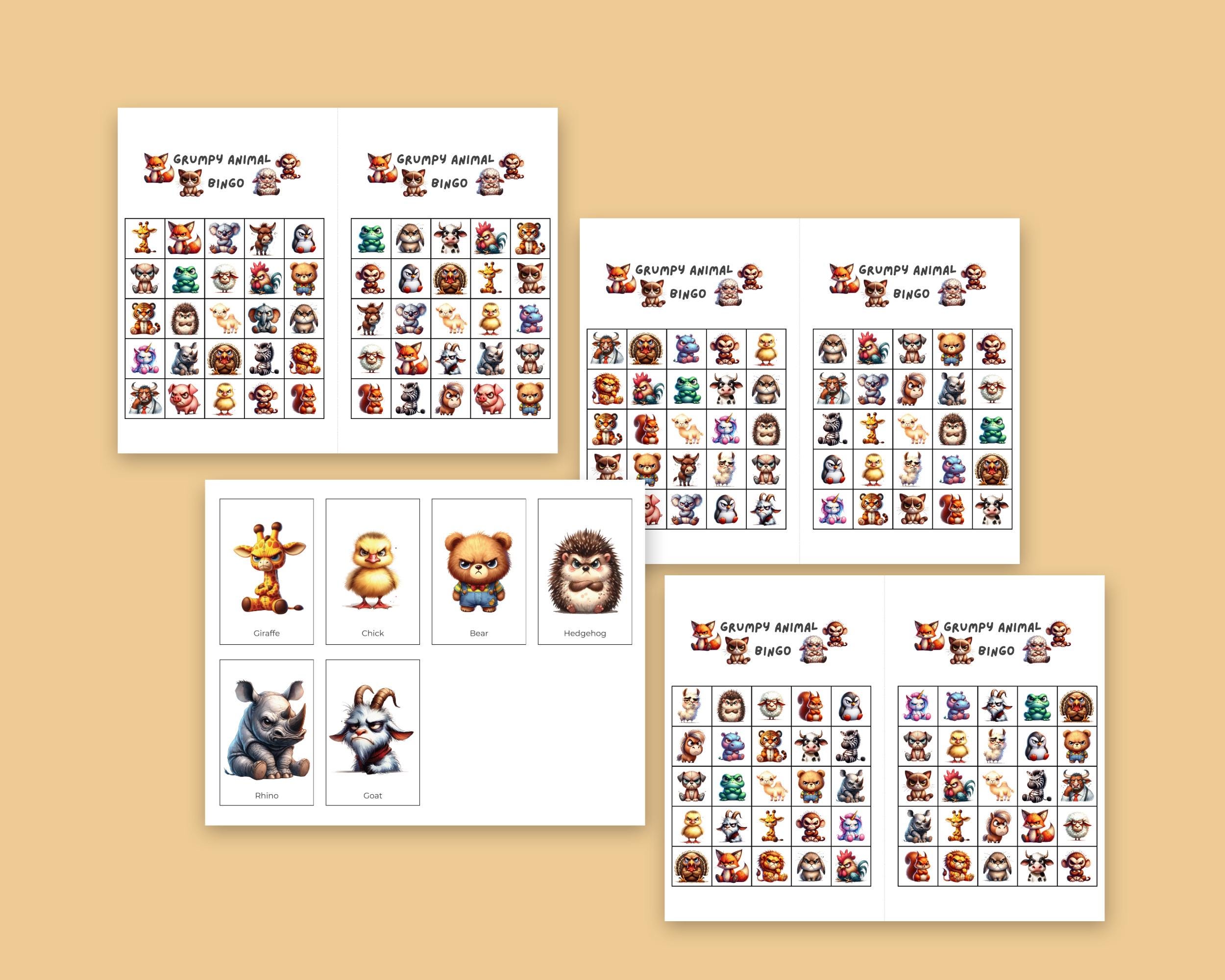 Grumpy Animals Bingo Game - 50 Unique Digital Cards for Family Game ...