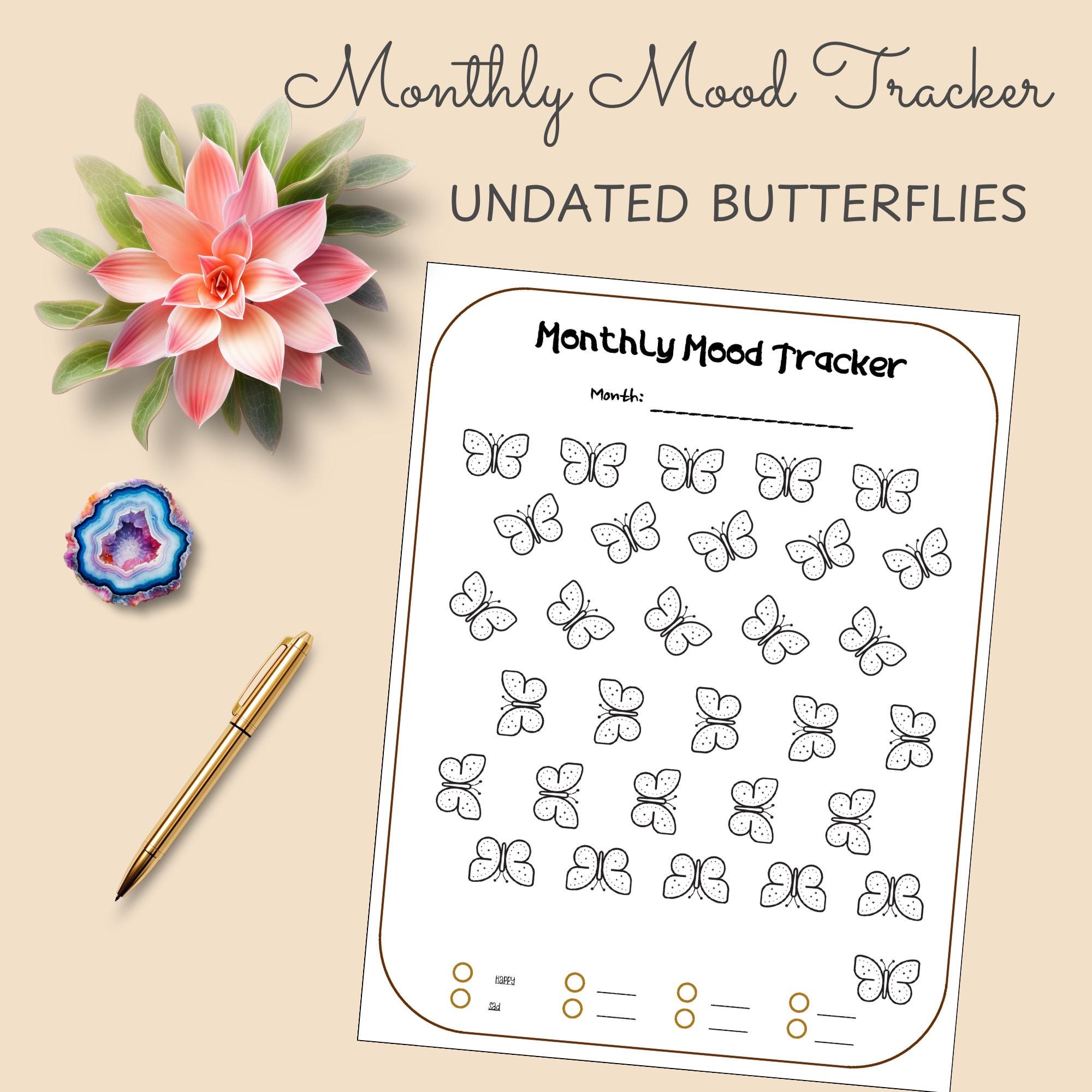 Butterfly Mood Tracker Printable 30-Day Mental Wellness Journal (PDF)