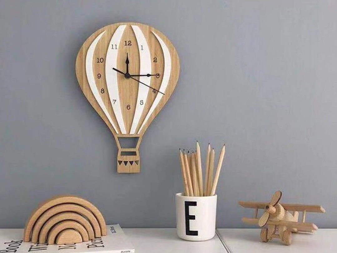Retro Air Balloon Clock Wooden Wall Clock Kids Nursery Clock Teens Room