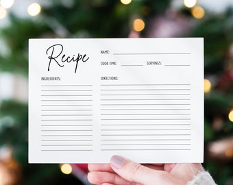 May include: A blank white recipe card with the word "Recipe" written in black cursive. The card has lines for the name, cook time, servings, ingredients, and directions.