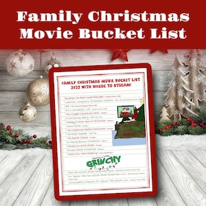 Christmas movie bucket list printable for kids. With info about where to stream each video.