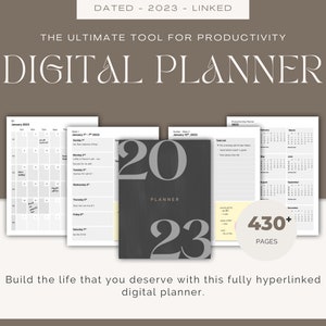 May include: A digital planner for 2023 with a black and white color scheme. The cover features the text "2023 Planner" in large, bold font. The planner includes a calendar, weekly spreads, and a to-do list. It also includes the text "430+ Pages" and "Dated - 2023 - Linked".
