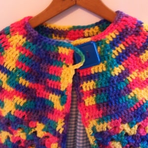 Crochet Girls Sweater size 7-8, Girls Fashion Accessory, Colorful Kids Sweater, One Button Cardigan, Girls Sweaters, Girls Spring Shrug.