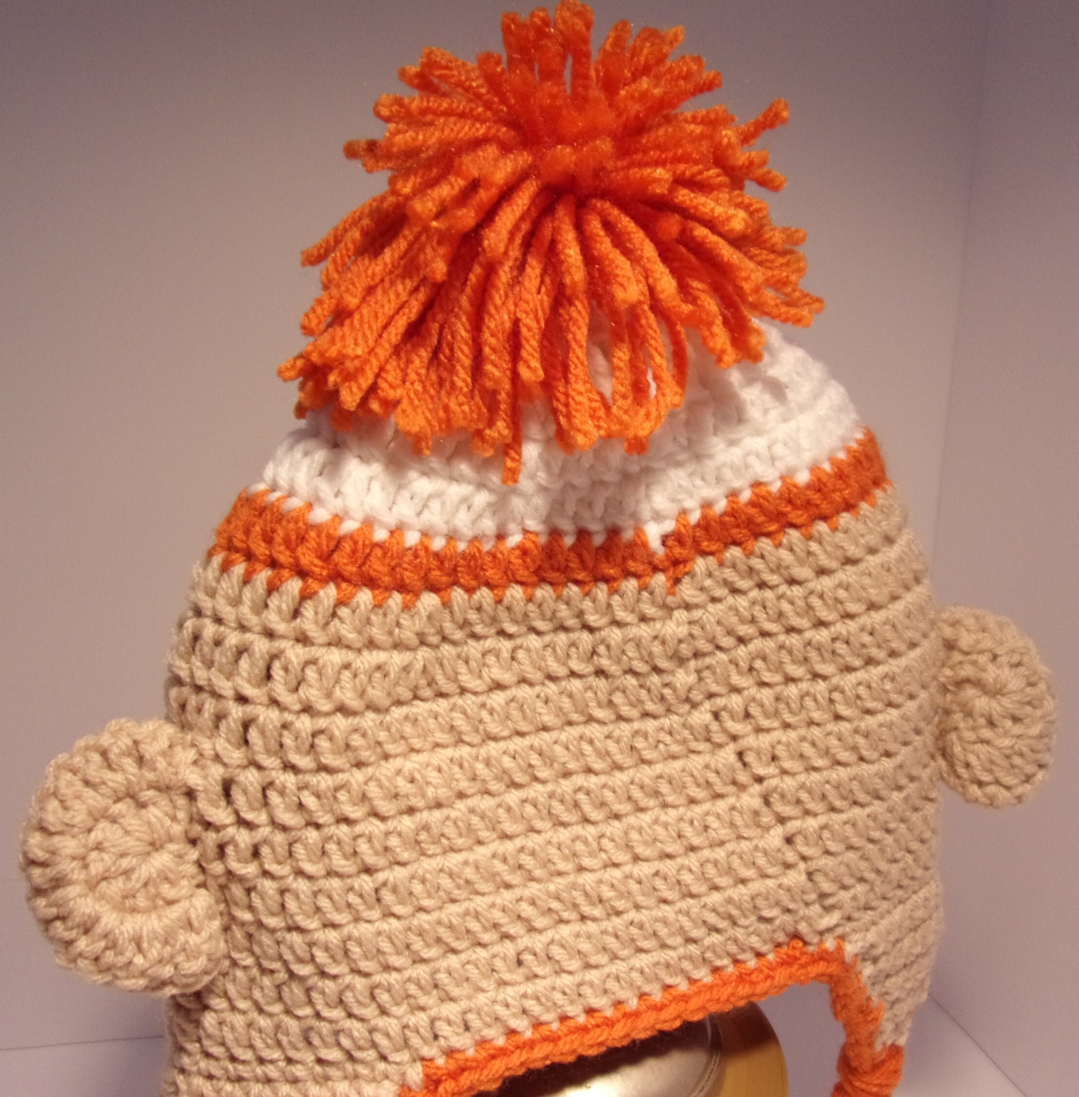 Crochet Sock Monkey Hat With Ear Flaps and Braids, USA 