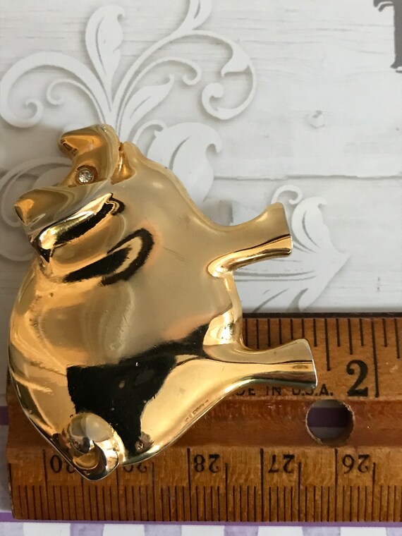 Pig Brooch Pin, Vintage Gold tone Pig Pin, Clear … - image 2