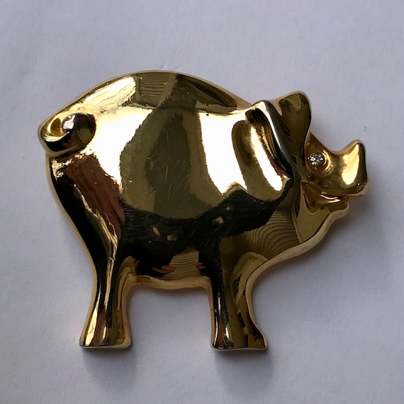 Pig Brooch Pin, Vintage Gold tone Pig Pin, Clear … - image 3