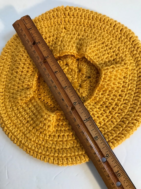 Handmade Knitted Mustard Beret hat with Decorative Brooch. New Mustard Plaid Lightweight Knit Beret With Handmade Flower  main image 4