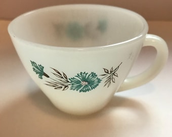 Vintage Fire King Milk Glass Coffee Tea Cup, Fire King Oven Ware Bonnie Blue Carnation 1950s Made In USA Cup.