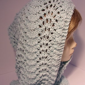 Artisan Knitted Hoodie Scarf, Handmade Knitted Scarf, Cotton Scarf, Light blue Hoodie Scarf, Ladies scarf, Women&#39;s scarf, Warm Winter Scarf