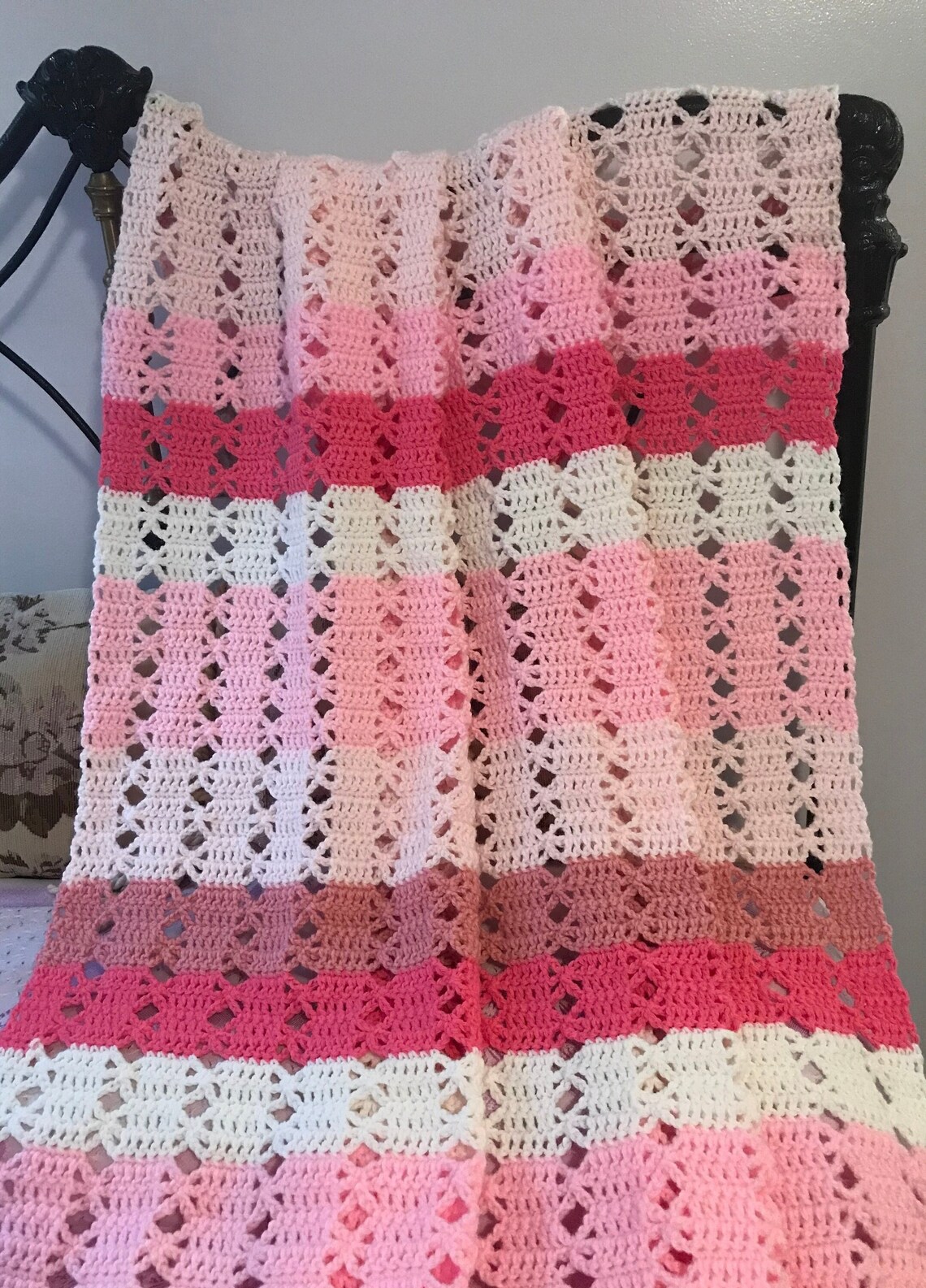 New Crochet Afghan, Shades of Pink and White Blanket, Handmade Afghans